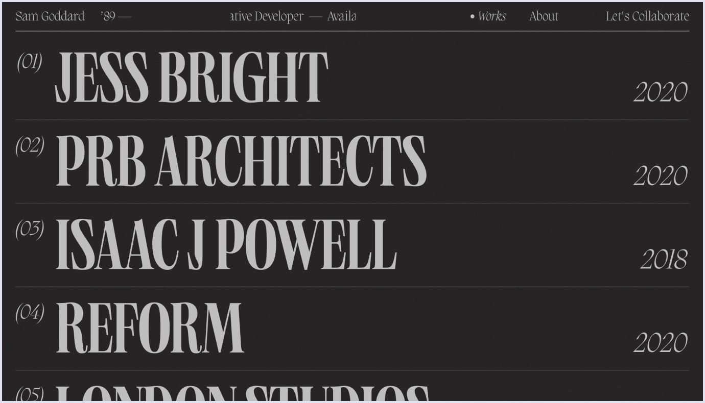 Complex typography as a web design trend on Sam Goddard's website