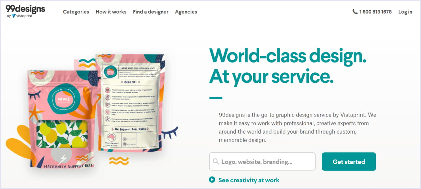 A homepage of an online freelance marketplace 99designs