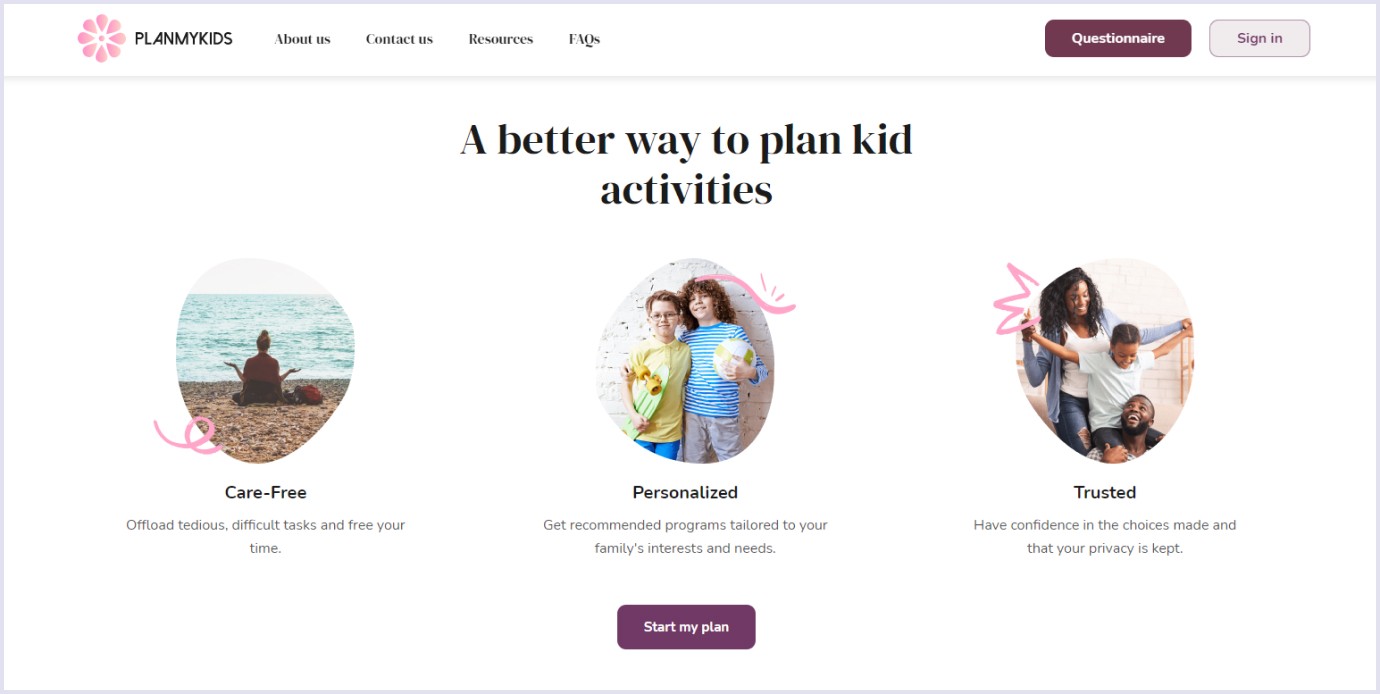 Homepage of online marketplace for kids PlanMyKids