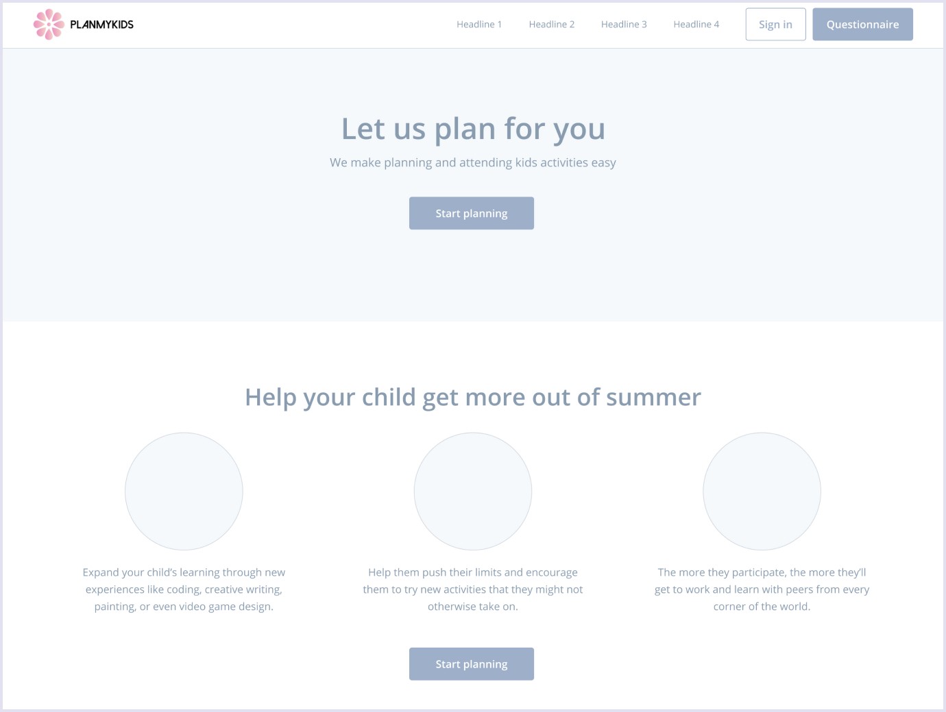 Homepage prototype for online marketplace for kids PlanMyKids