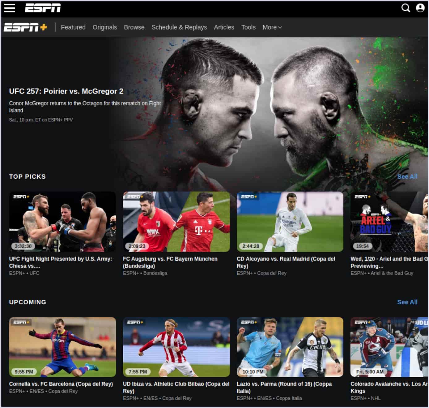 ESPN+ sports streaming website