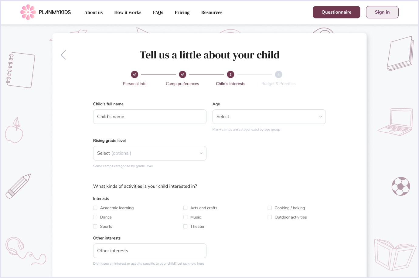 Self-guided survey on online marketplace for kids PlanMyKids