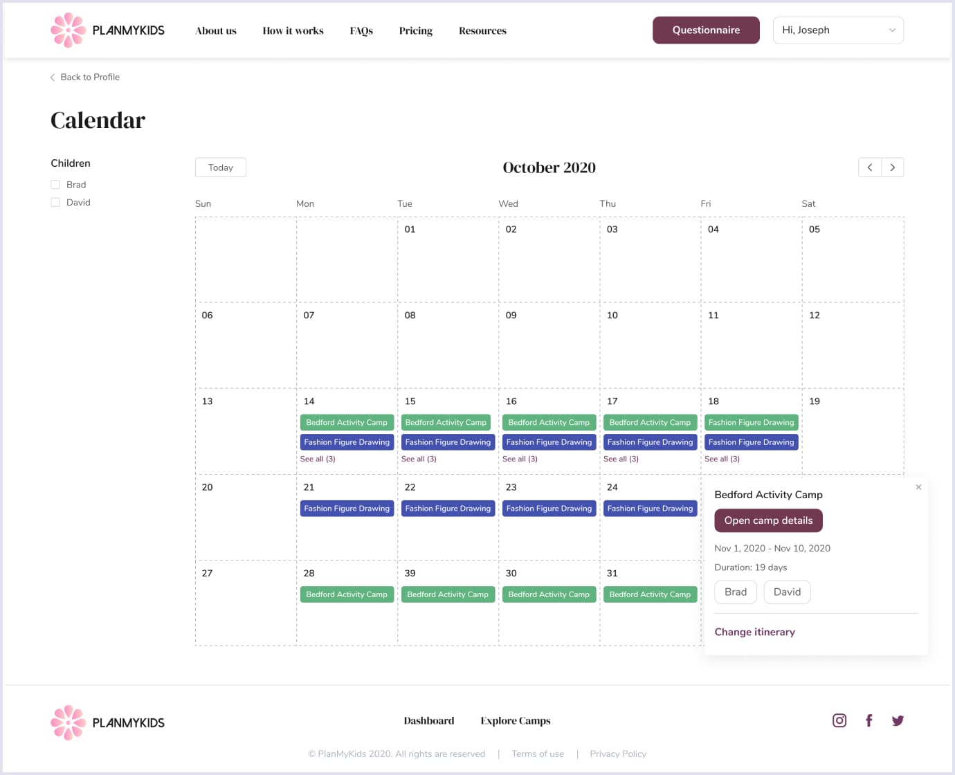 Calendar feature for online marketplace for kids PlanMyKids